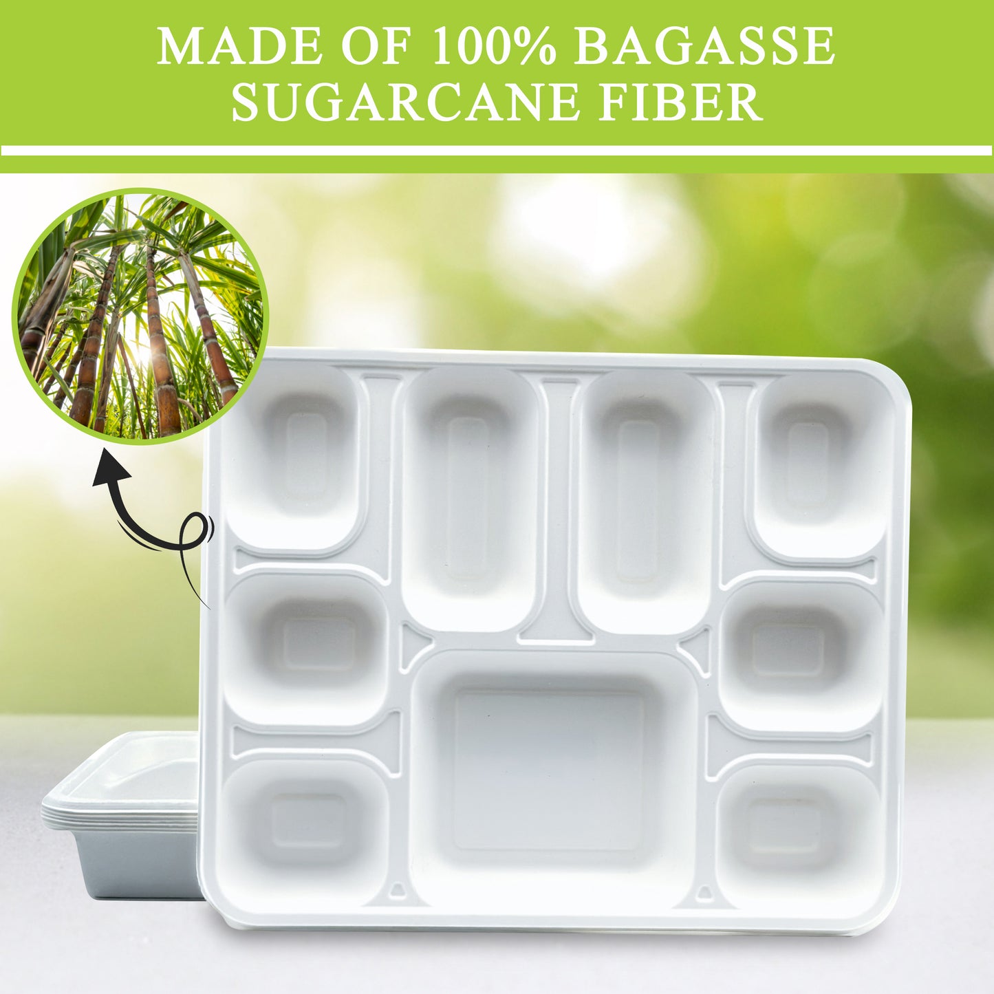 Three Leaf 9 Compartment Bagasse Rectangular Plate, 200 Ct.