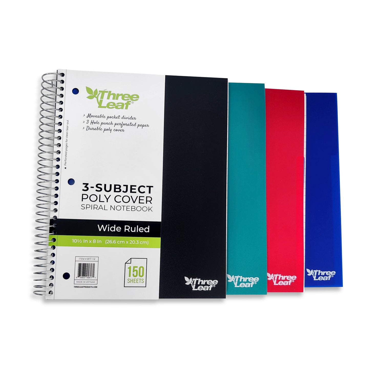 Three Leaf 150 Ct, 10 1/2 X 8, 3-Subject Poly Cover Spiral Notebooks, Wide Ruled, Pocket Divider, Black, Blue, Green, Red.