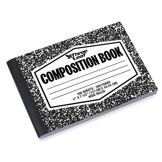 Three Leaf 100 Ct, 5 X 7-1/2, Black Marble Composition Notebook, Wide Ruled