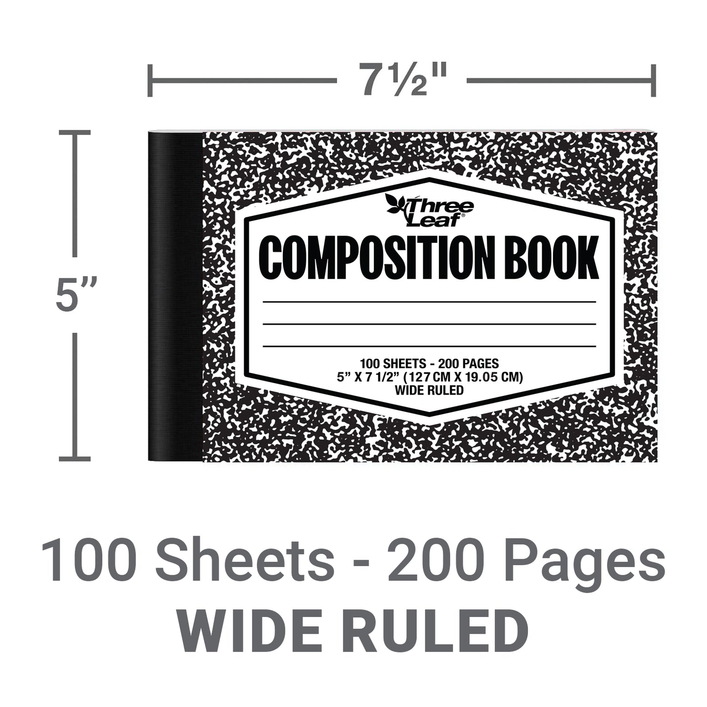 Three Leaf 100 Ct, 5 X 7-1/2, Black Marble Composition Notebook, Wide Ruled
