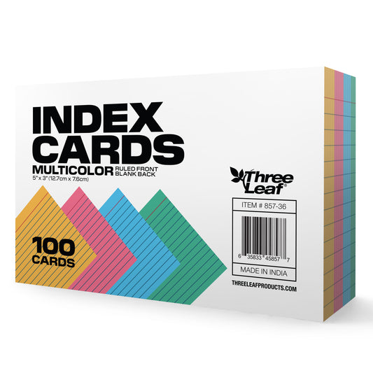 Three Leaf 100 Ct.  3 X 5, Index Card Ruled, Colored (36 Pack Per Case)