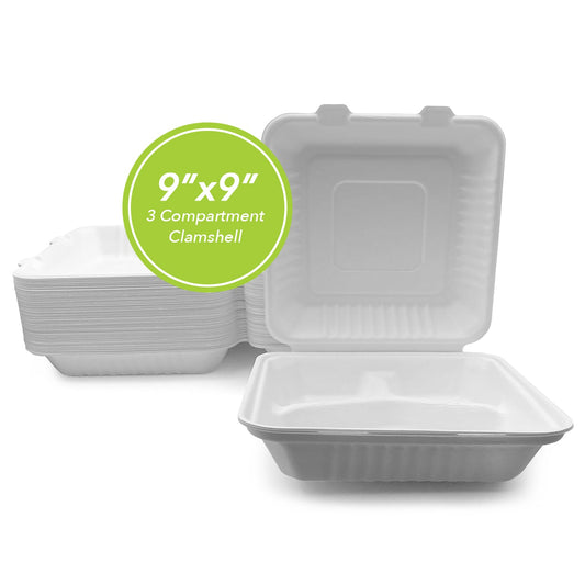 Three Leaf 9" X 9" 3 Compartment Bagasse Clamshell