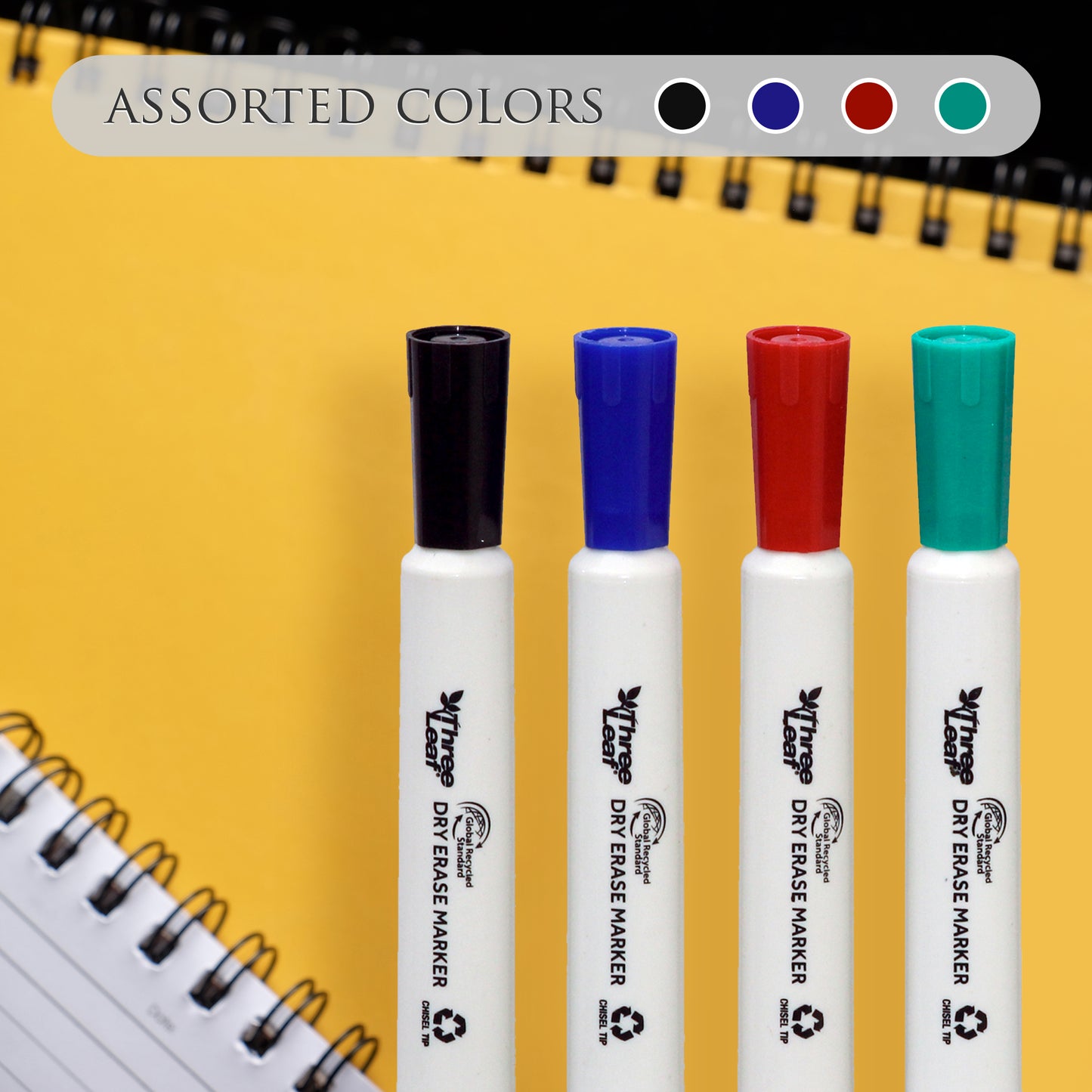 Three Leaf Dry Erase Marker 4 Pack, Assorted, Chisel Tip