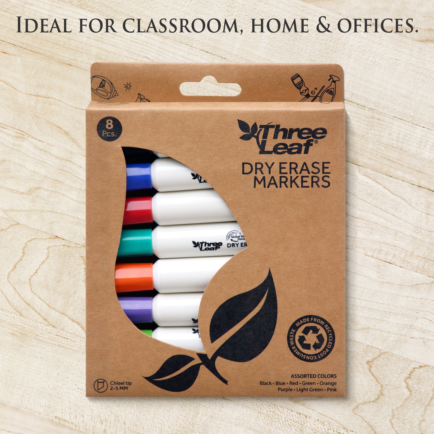Three Leaf Dry Erase Marker 8 Pack, Assorted, Chisel Tip