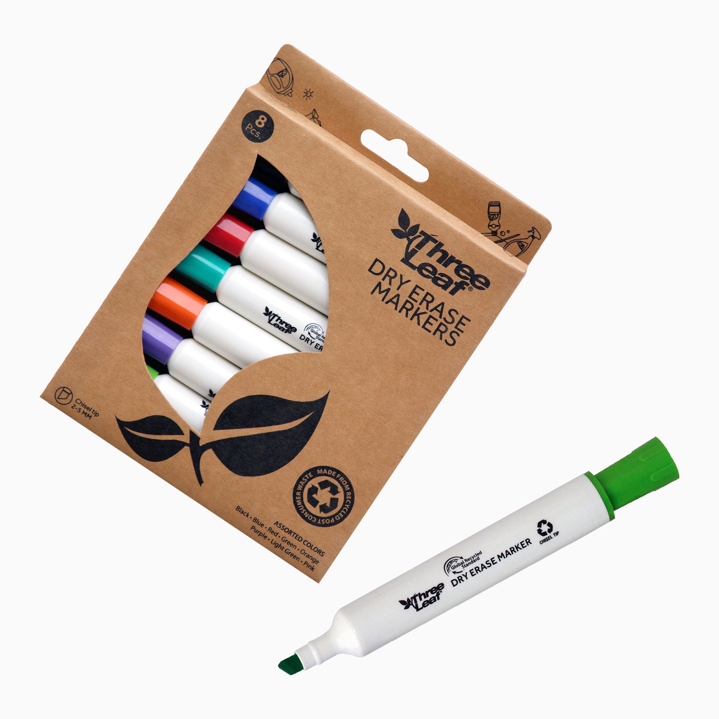 Three Leaf Dry Erase Marker 8 Pack, Assorted, Chisel Tip