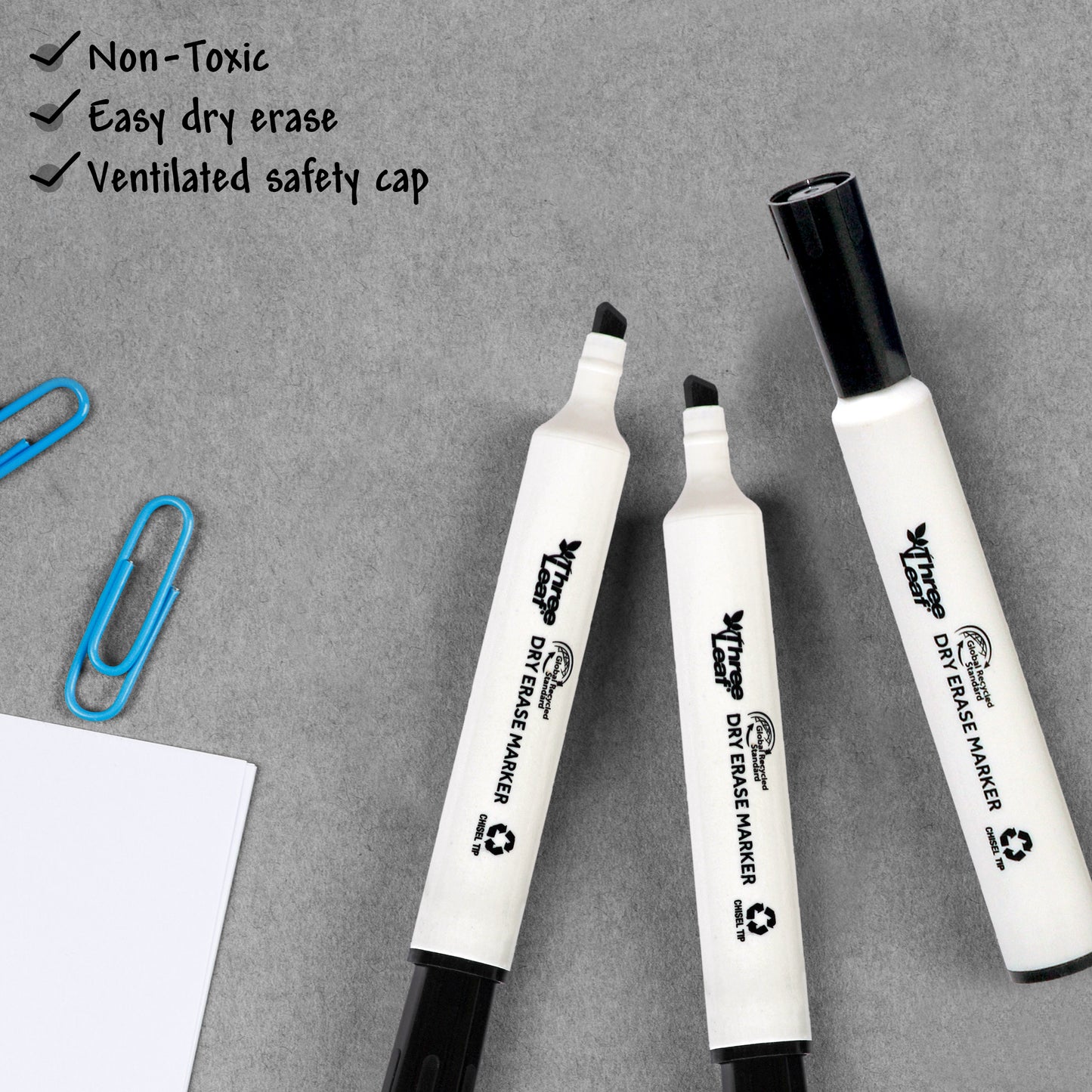 Three Leaf Dry Erase Marker 4 Pack, Black, Chisel Tip