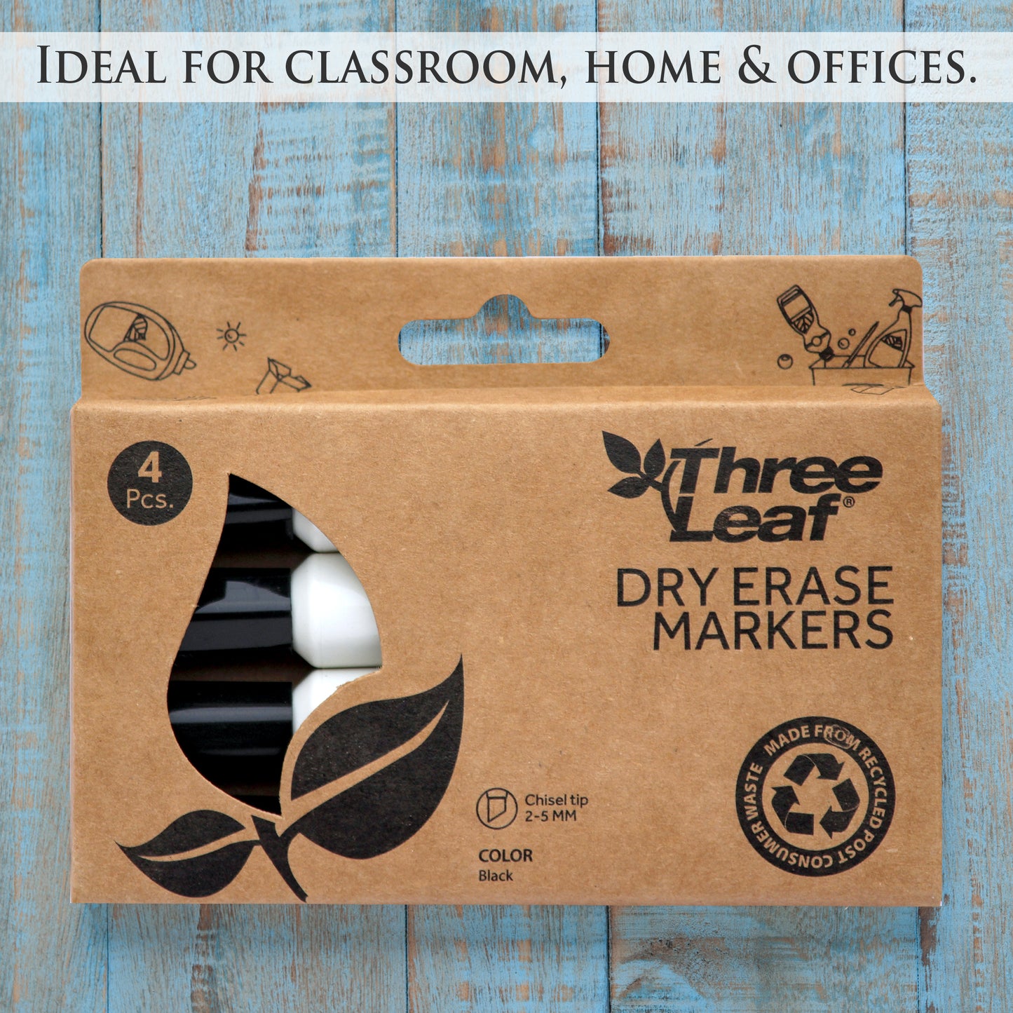 Three Leaf Dry Erase Marker 4 Pack, Black, Chisel Tip