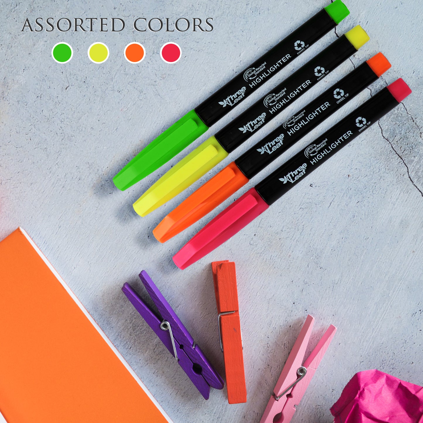 Three Leaf Highlighter 4 Pack, Assorted, Chisel Tip