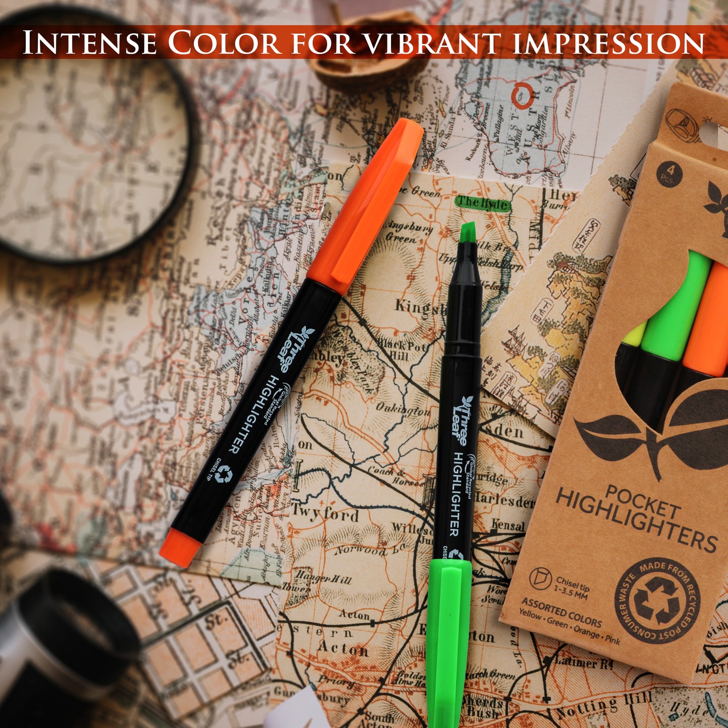 Three Leaf Highlighter 4 Pack, Assorted, Chisel Tip