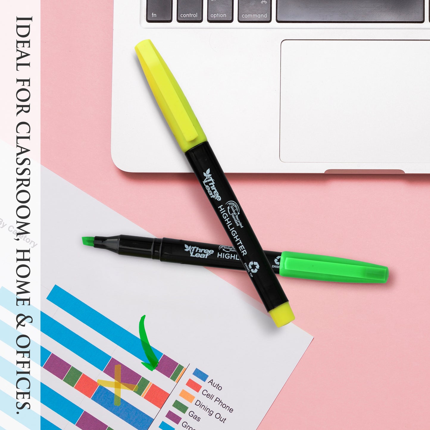 Three Leaf Highlighter 4 Pack, Assorted, Chisel Tip