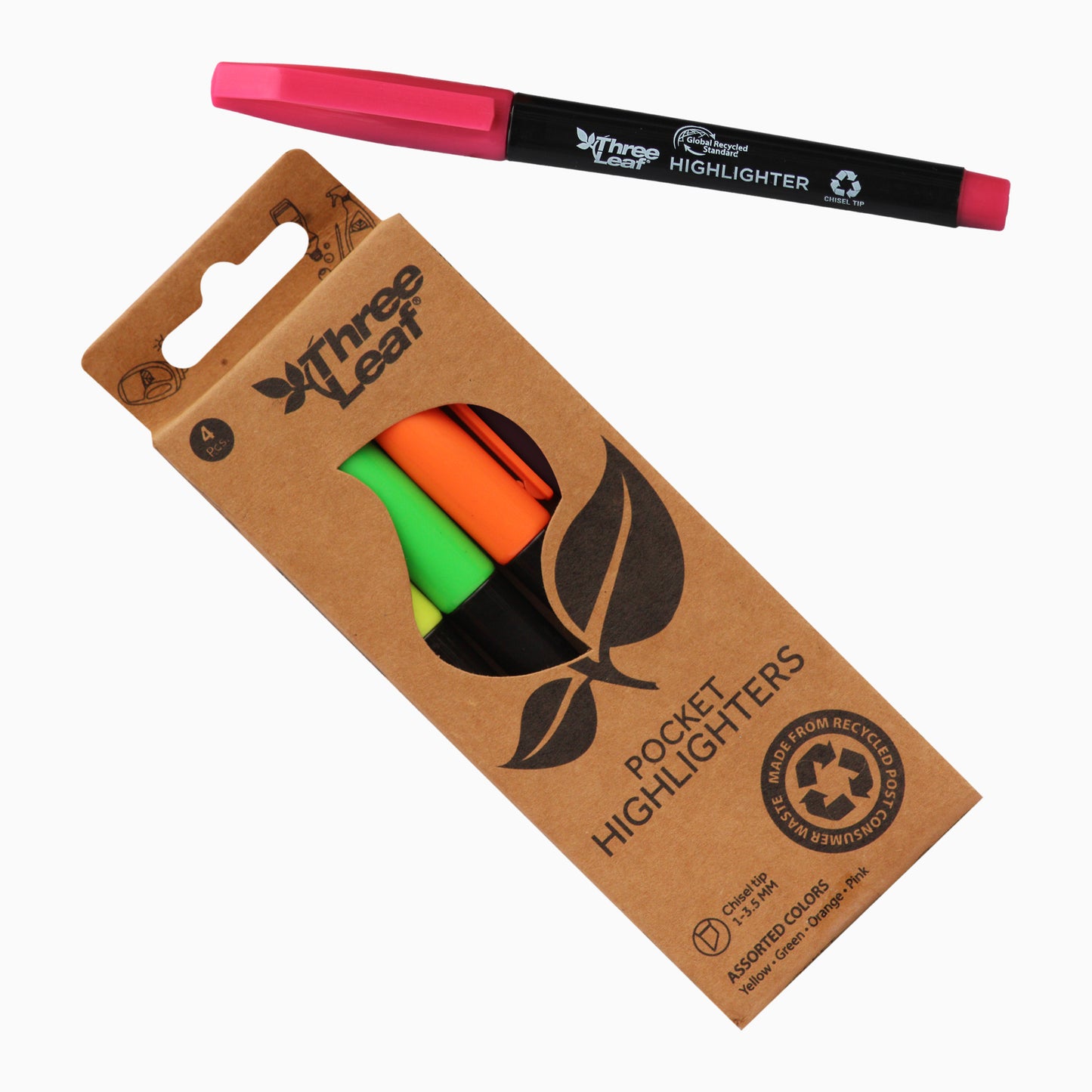 Three Leaf Highlighter 4 Pack, Assorted, Chisel Tip