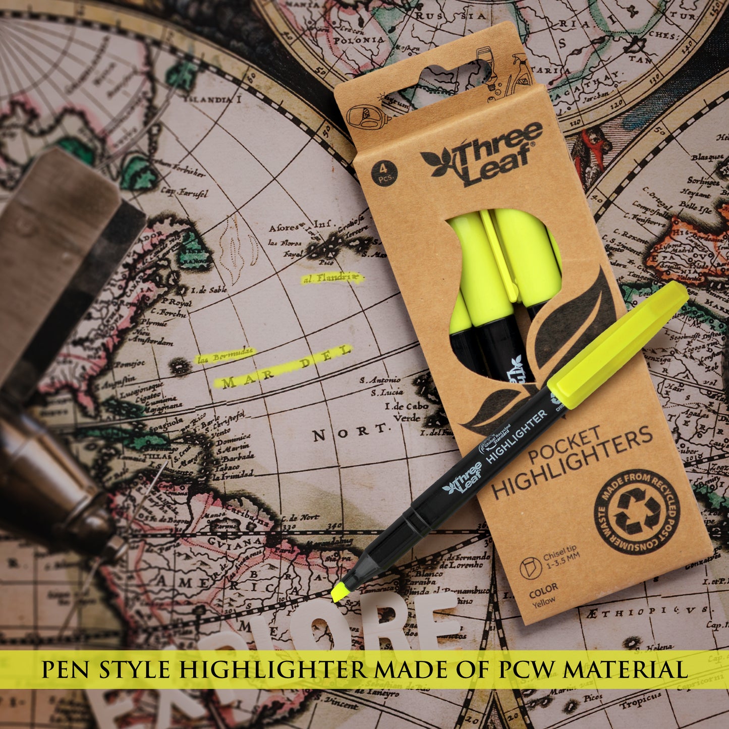Three Leaf Highlighter 4 Pack, Yellow, Chisel Tip