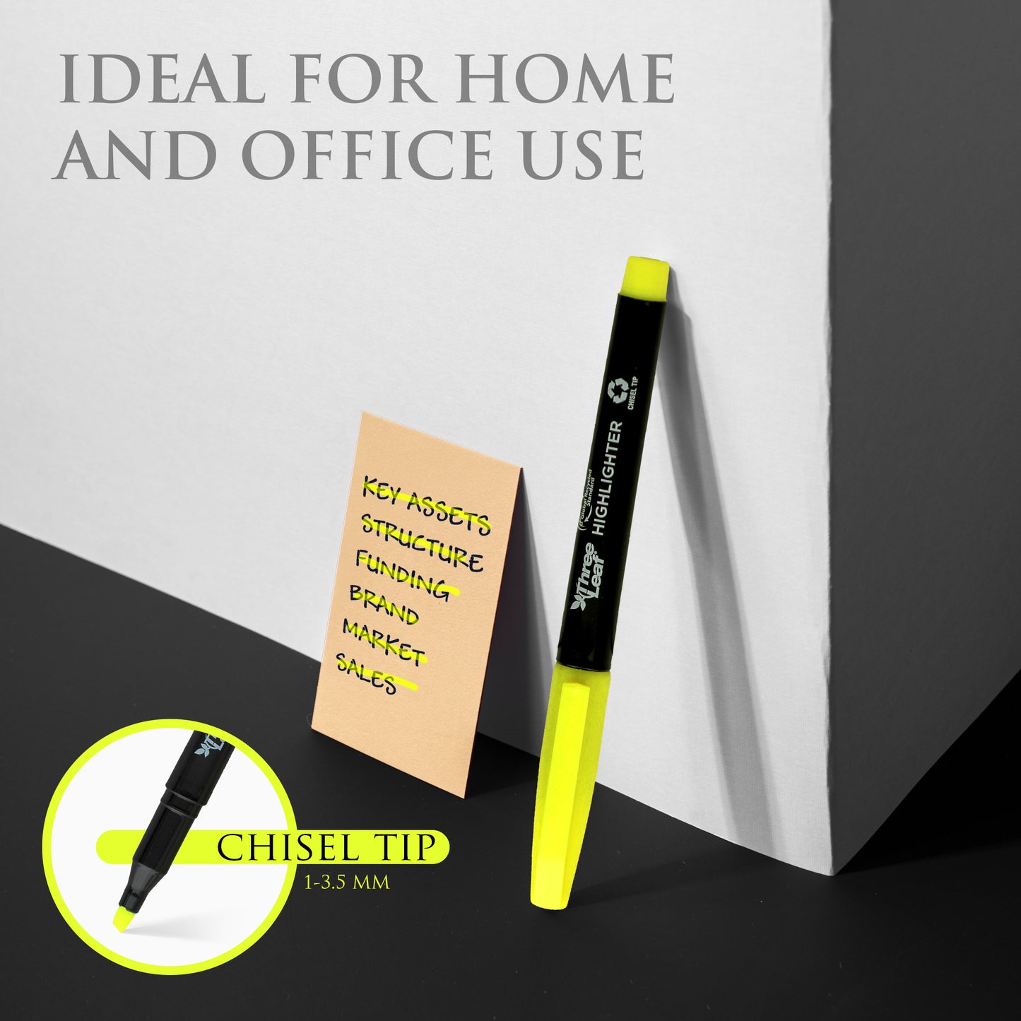 Three Leaf Highlighter 4 Pack, Yellow, Chisel Tip