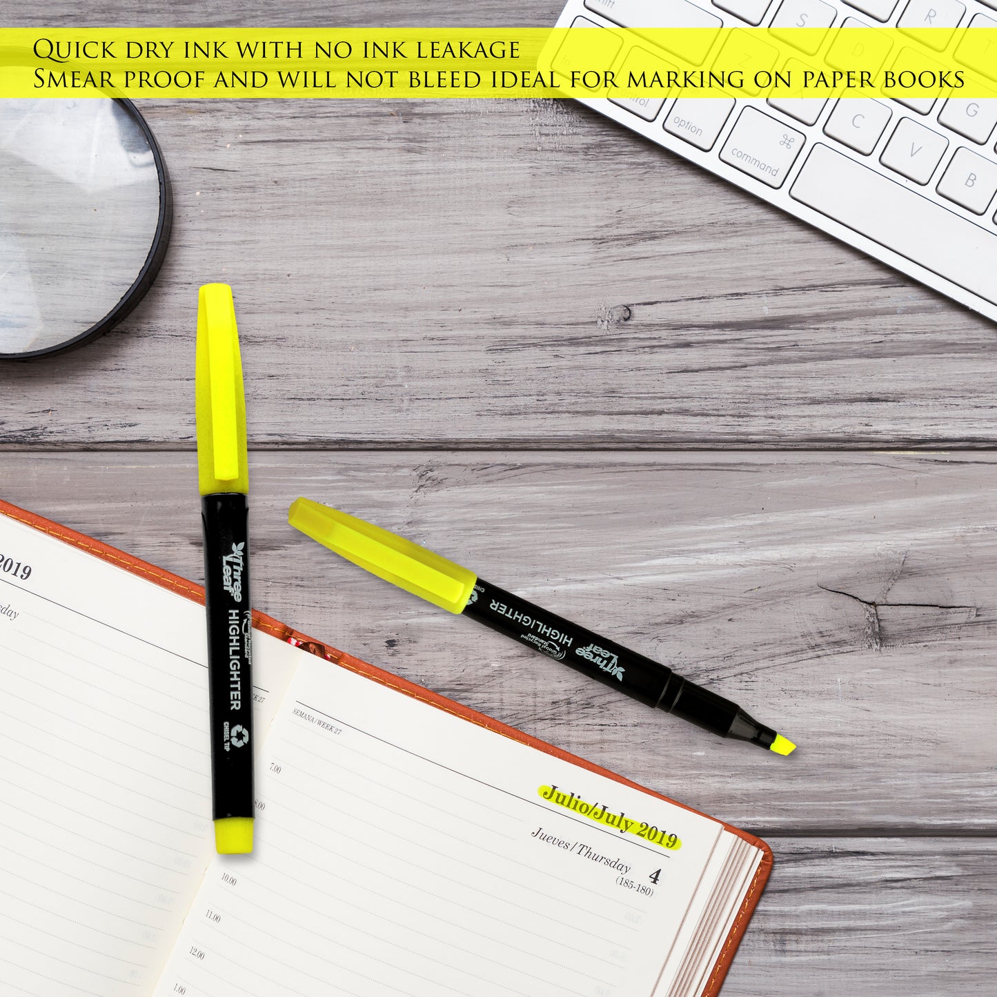 Three Leaf Highlighter 4 Pack, Yellow, Chisel Tip
