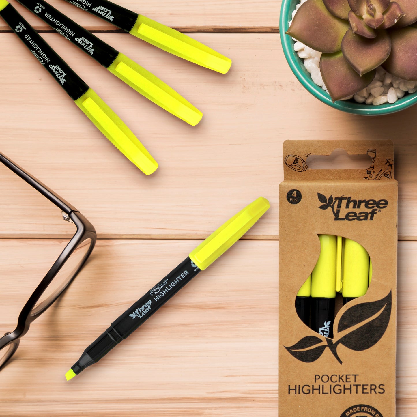 Three Leaf Highlighter 4 Pack, Yellow, Chisel Tip
