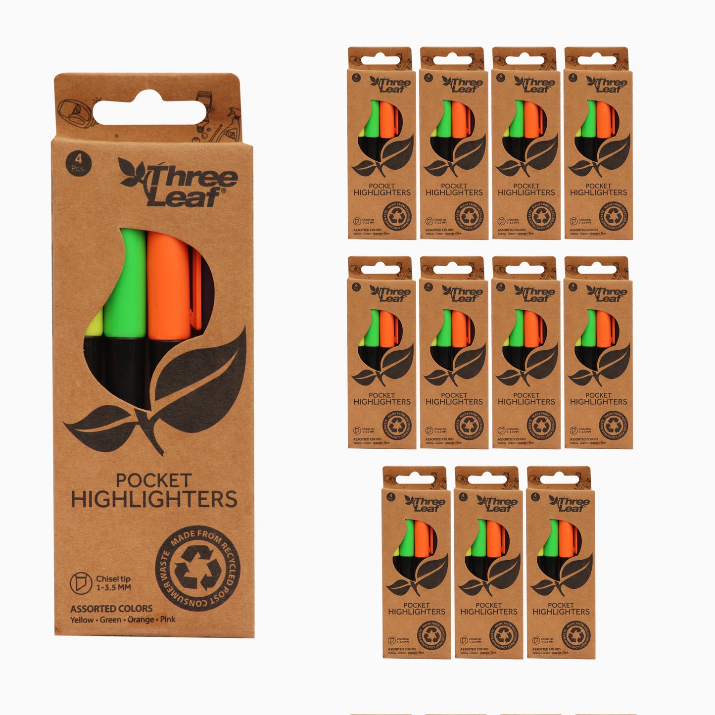 Three Leaf Highlighter 4 Pack, Assorted, Chisel Tip