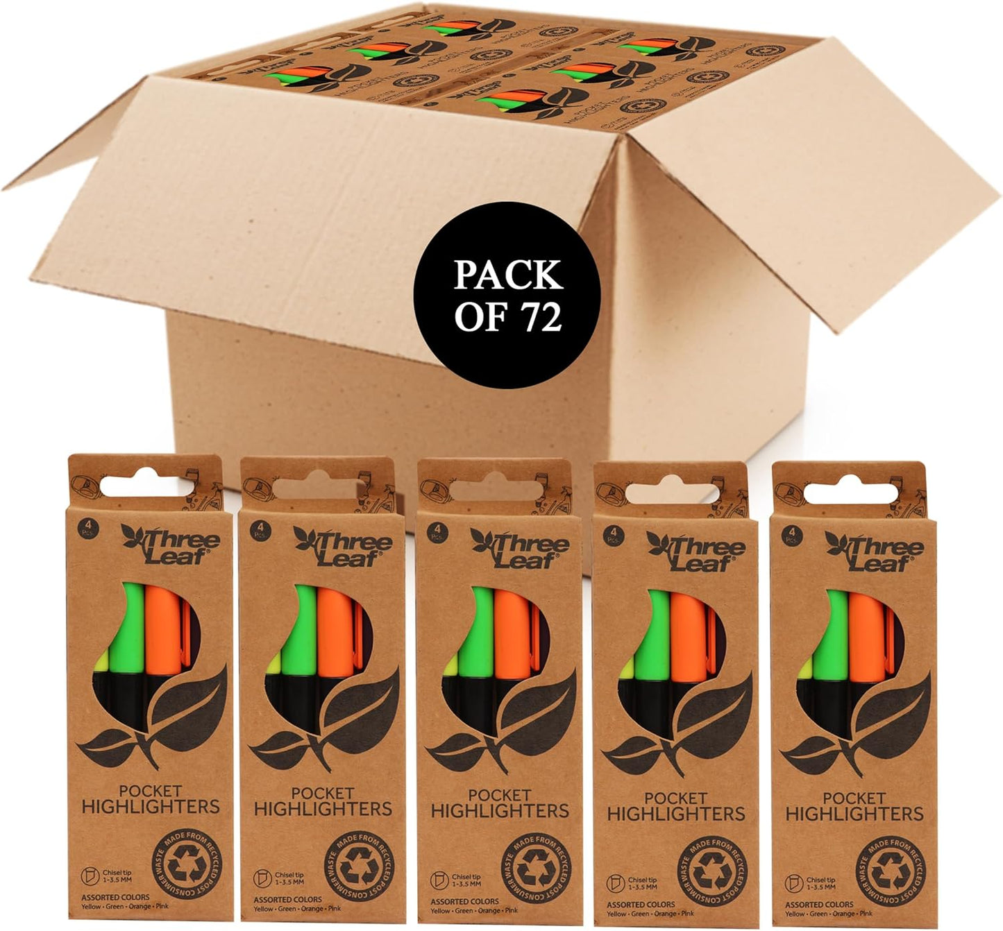 Three Leaf Highlighter 4 Pack, Assorted, Chisel Tip
