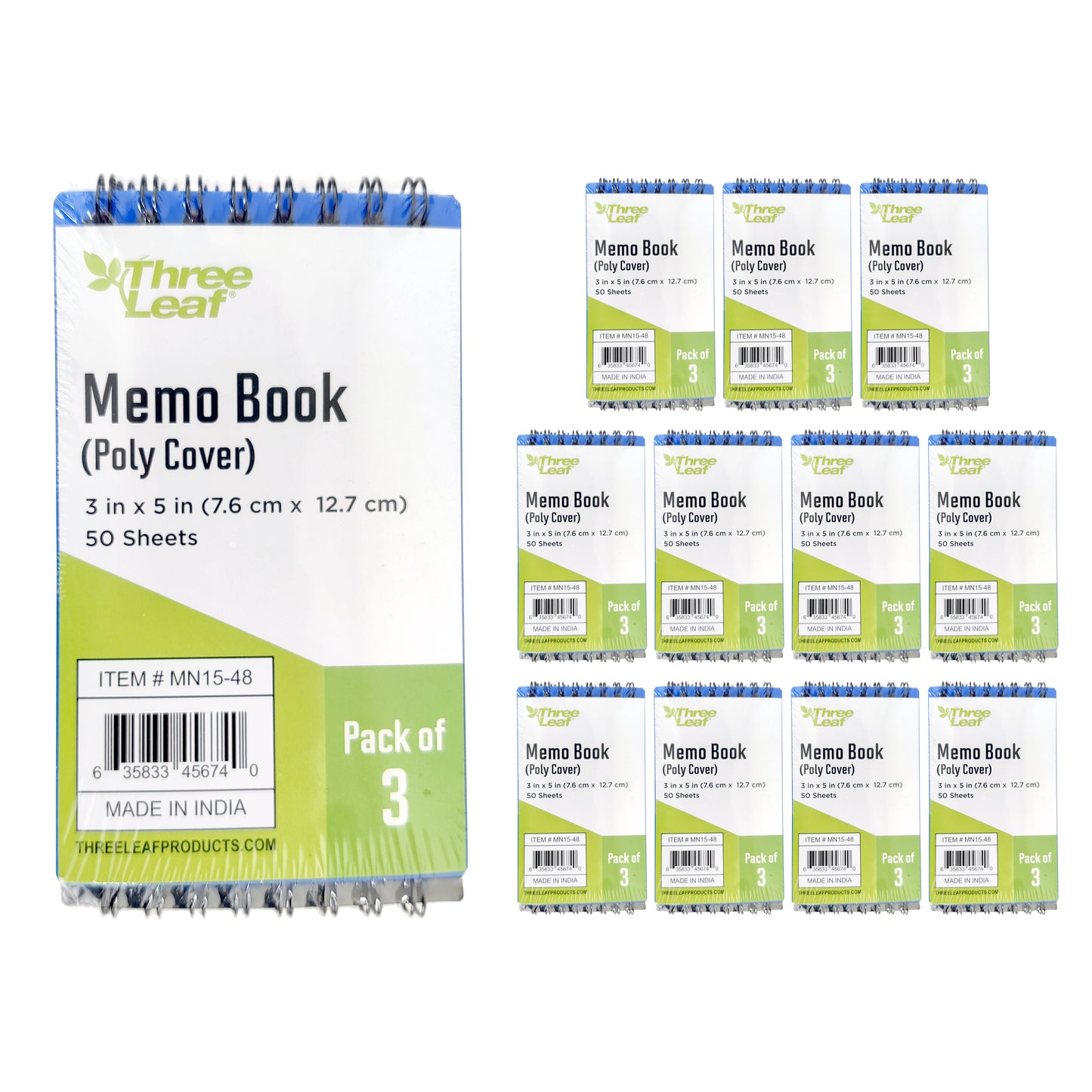 Three Leaf Memo Book 3X5 Double Wire Plain Poly Cover Top Bound-3Pk - 50 Sheets