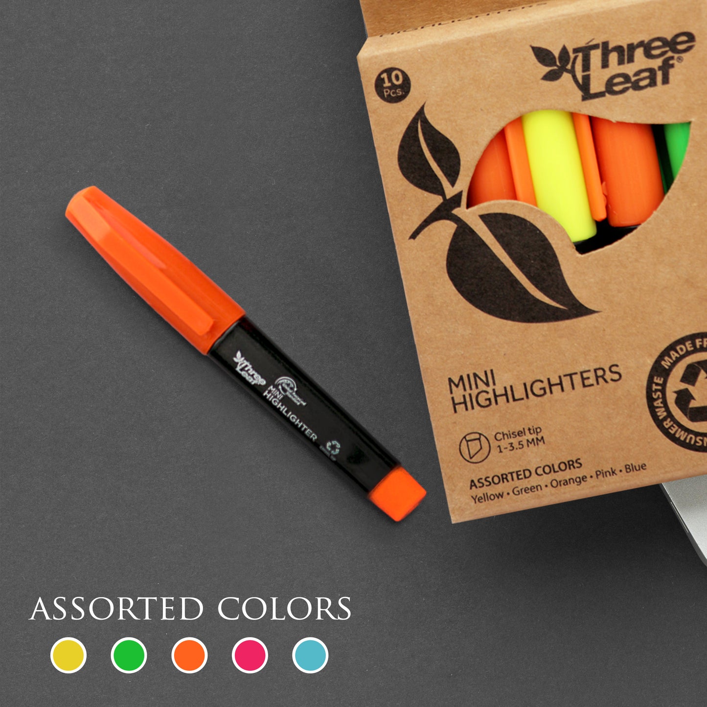 Three Leaf Mini Highlighter 10 Pack, Assorted, Chisel Tip