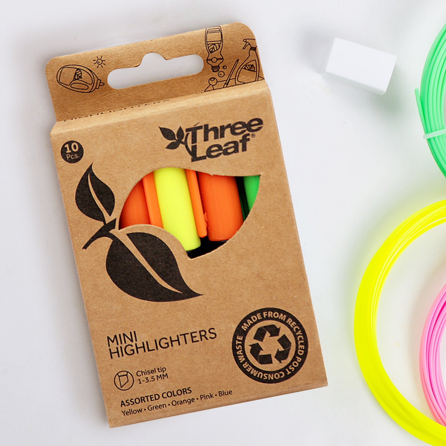Three Leaf Mini Highlighter 10 Pack, Assorted, Chisel Tip