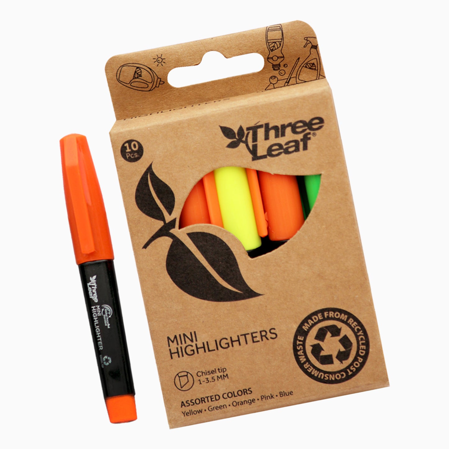 Three Leaf Mini Highlighter 10 Pack, Assorted, Chisel Tip