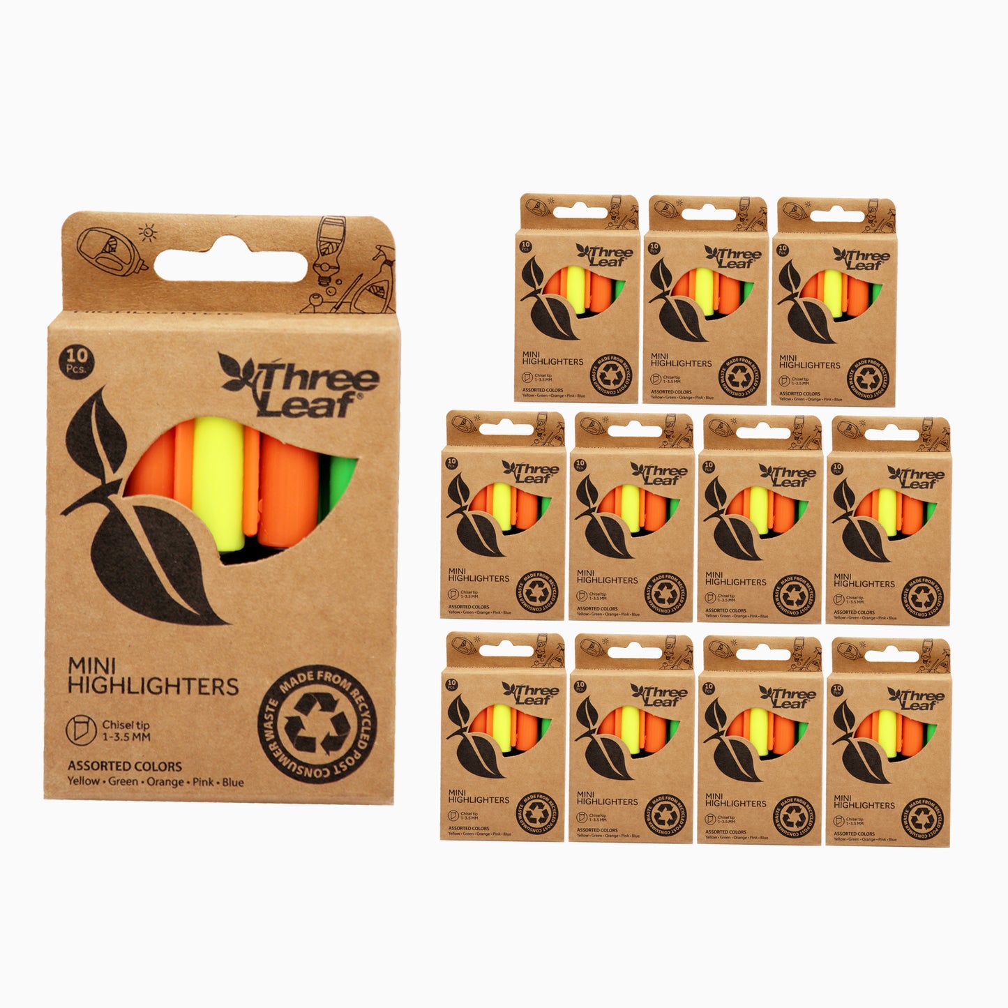 Three Leaf Mini Highlighter 10 Pack, Assorted, Chisel Tip