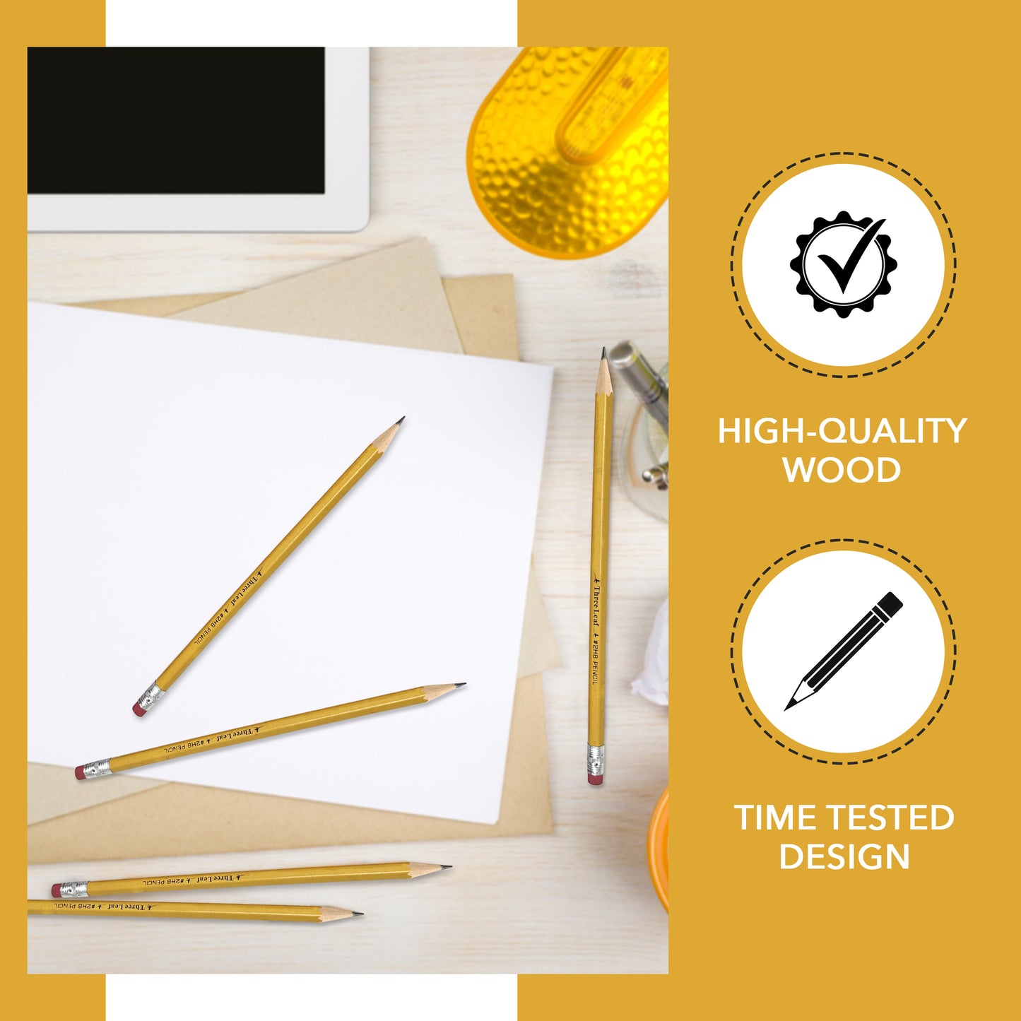 Three Leaf 500 Ct Yellow Pencil With Eraser, Bulk Pack