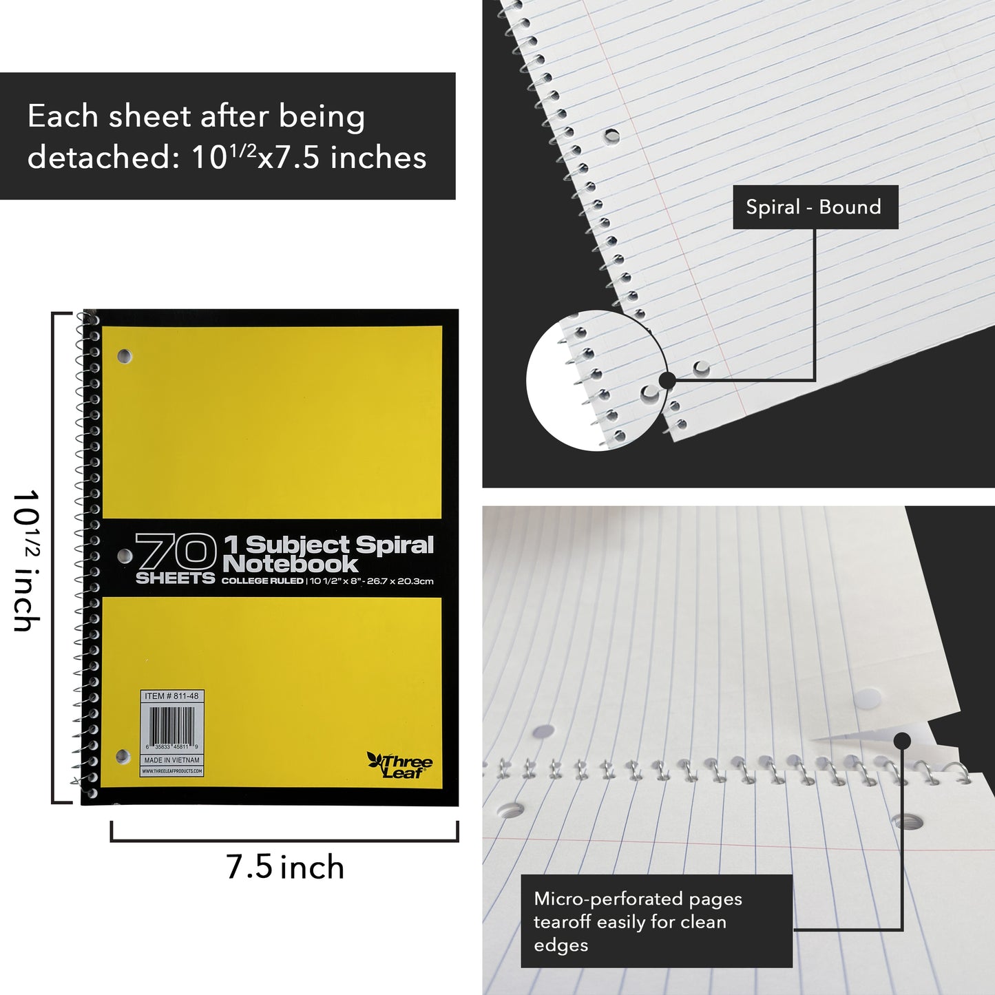 Three Leaf 70 Ct. 10.5 X 8 1- Sub Spiral Notebook, College Ruled