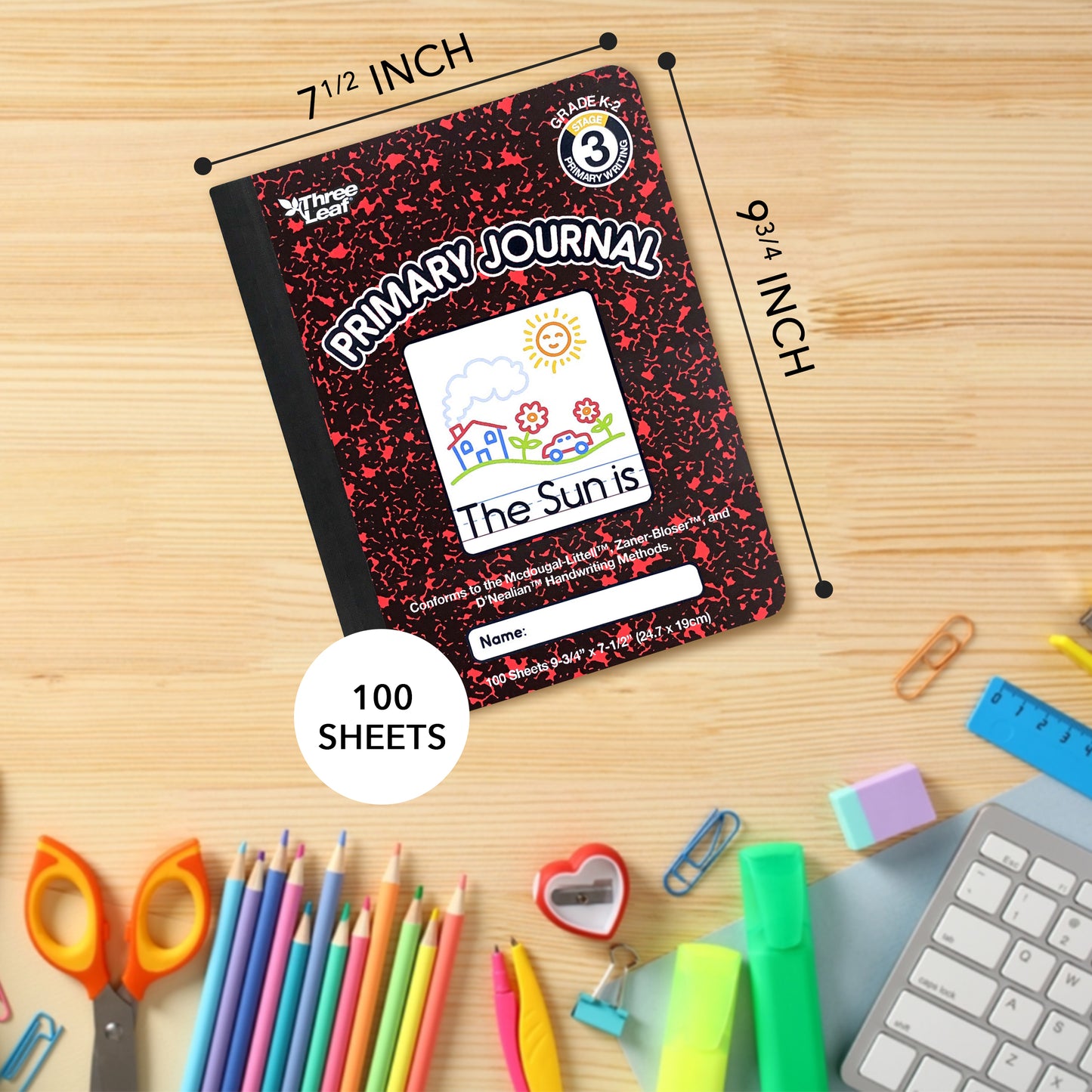 Three Leaf 100 CT, 9-3/4 X 7-1/2, COMPOSITION NOTEBOOK, HARDCOVER, PRIMARY RULED (24 Units Per Case)