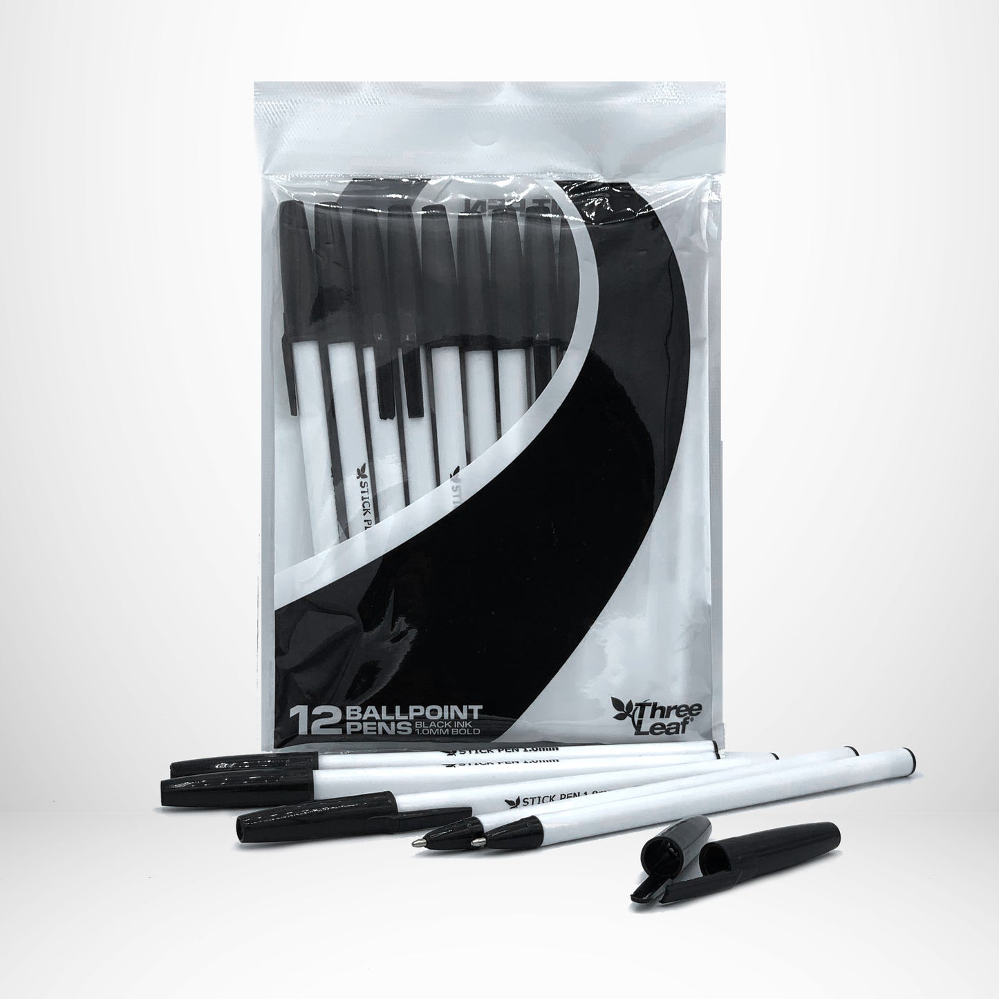 Three Leaf Stickpens 12 Pack, Black, Poly Pack (48 Pack Per Case)