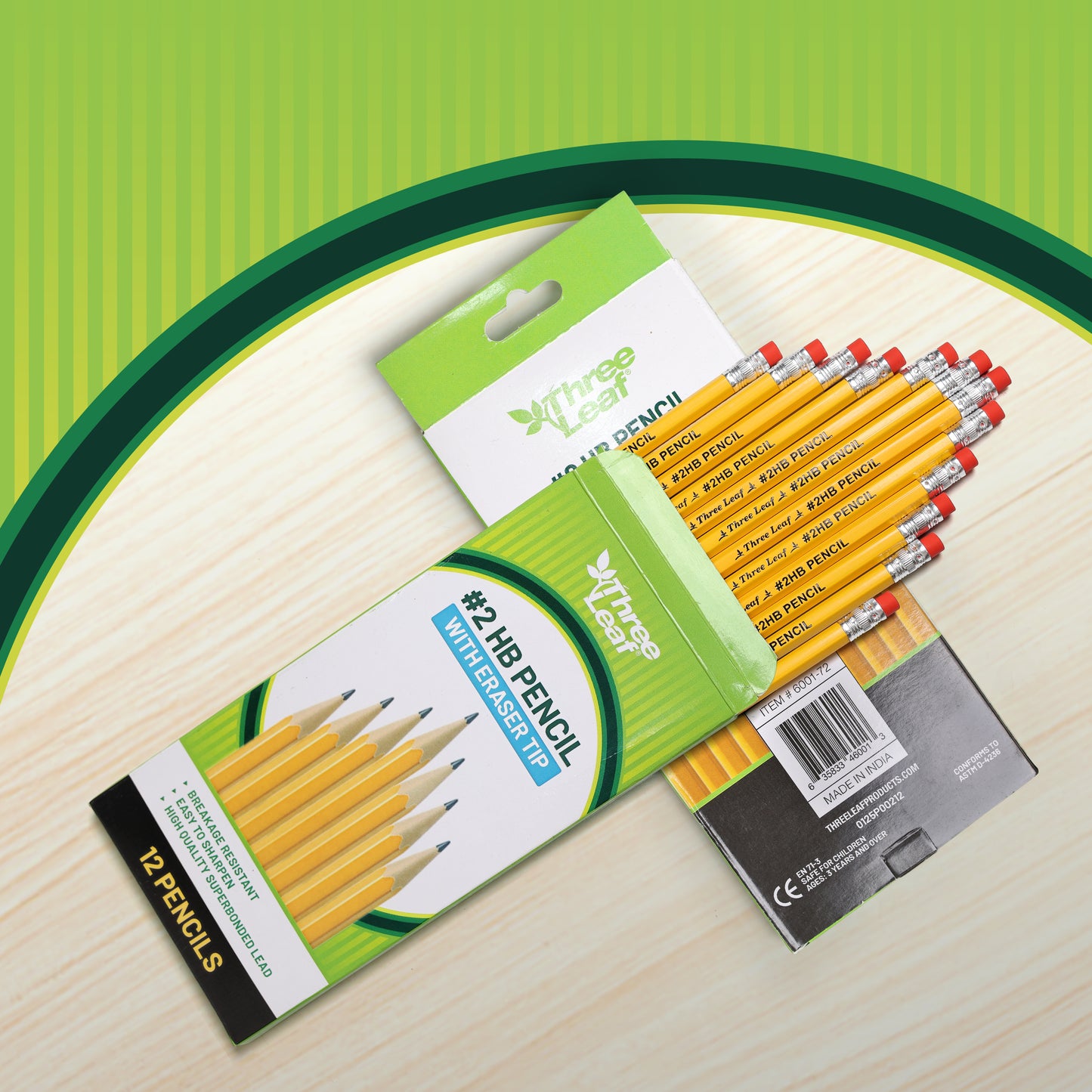 Three Leaf 12 PK YELLOW PENCILS WITH ERASER (72 Pack Per Case)