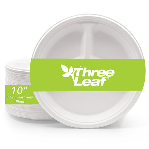 THREE LEAF 10" 3 COMPARTMENT BAGASSE ROUND PLATE, 500 Ct. (20 PACKS OF 25)
