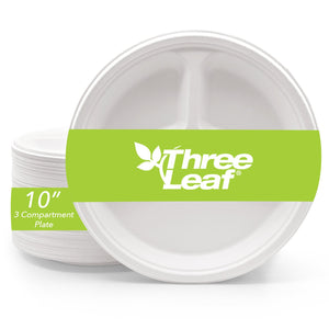 THREE LEAF 10" 3 COMPARTMENT BAGASSE ROUND PLATE, 500 Ct. (4 PACKS OF 125)