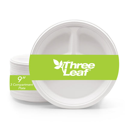 Three Leaf 9" 3 Compartment Bagasse Round Plate, 500 Ct.