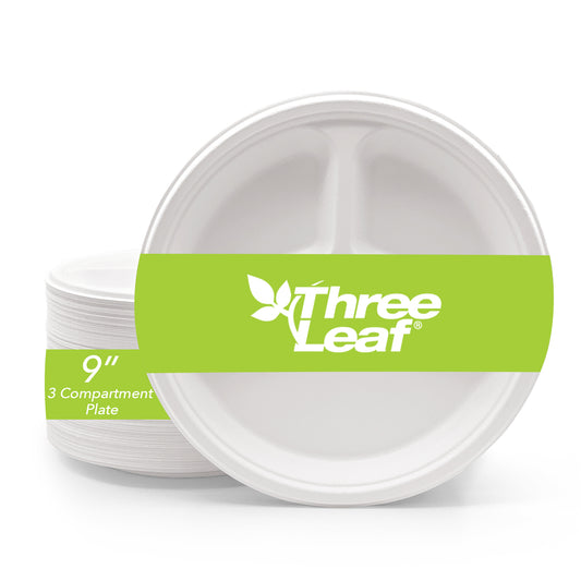 Three Leaf 9" 3 Compartment Bagasse Round Plate, 500 Ct.