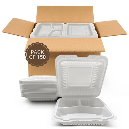 8" X 8" 3 Compartment MFPP Clamshell, 150 Ct. - White