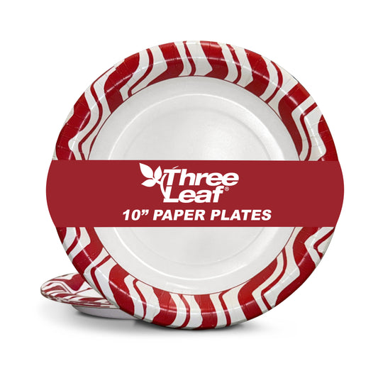 Three Leaf 10" Paper Plates, 240 Ct. (24 Packs Of 10) - Red Strips