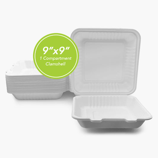 Three Leaf 9" X 9" 1 Compartment Bagasse Clamshell, 200 Ct.