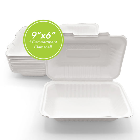 Three Leaf 9" X 6" 1 Compartment Bagasse Clamshell, 200 Ct.