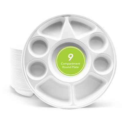 Three Leaf 9 Compartment Bagasse Round Plate, 200 Ct.
