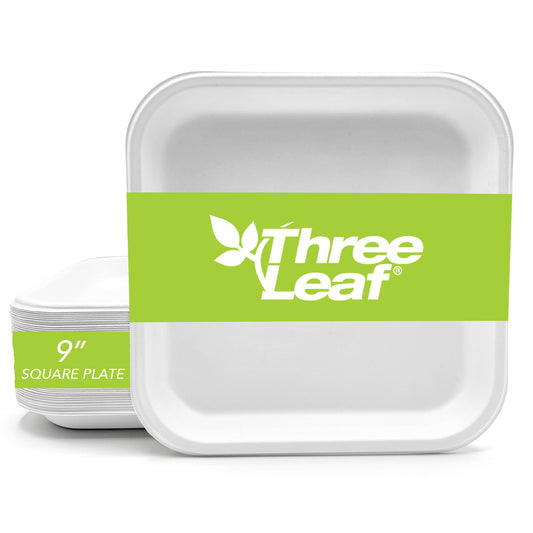 Three Leaf 9" Bagasse Square Plate, 500 Ct.