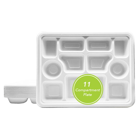 Three Leaf 11 Compartment Bagasse Rectangular Plate, 200 Ct.