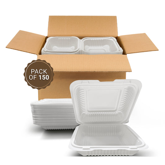 8" X 8" 1 Compartment MFPP Clamshell, 150 Ct. - White