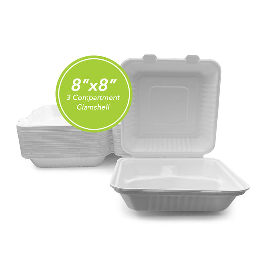 Three Leaf 8" X 8" 3 Compartment Bagasse Clamshell, 200 Ct.