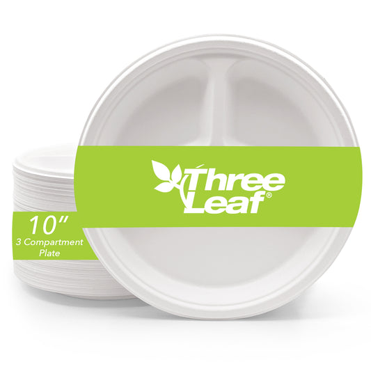 Three Leaf 10" 3 Compartment Bagasse Round Plate, 500 Ct.