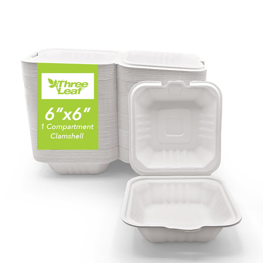 Three Leaf 6" X 6" Bagasse Burger Box (450Ml), 500 Ct.