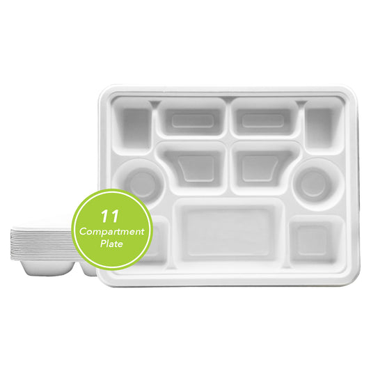 Three Leaf 11 Compartment Bagasse Rectangular Plate