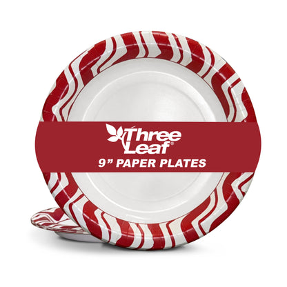 Three Leaf 9" Paper Plates, 240 Ct. (24 Packs Of 10) - Red Strips