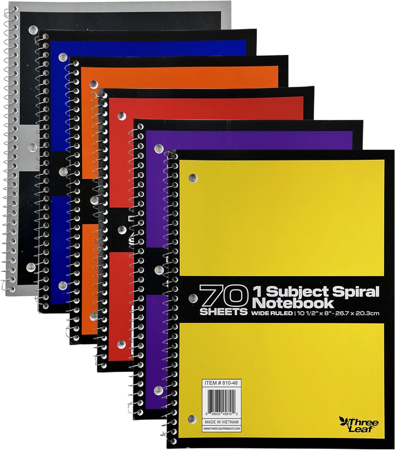 Three Leaf 70 Ct.10.5 X 8 1- Sub Spiral Notebook, Wide Ruled