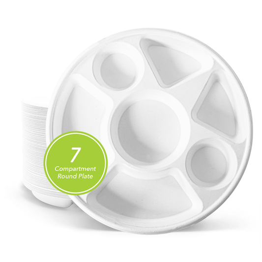 Three Leaf 7 Compartment Bagasse Round Plate, 200 Ct.